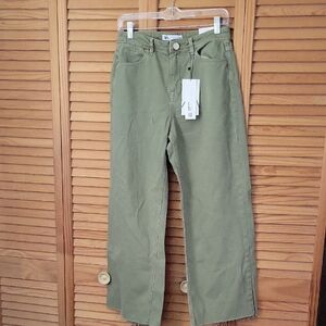 Zara High Rise Wide Leg Rigid Cropped Olive Green Raw Hem Denim Jeans NWT Size 4